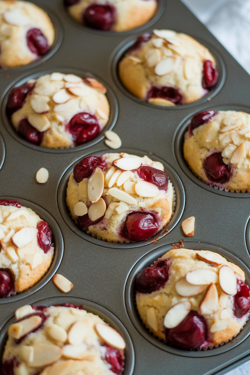 Indoor photo of cherry almond muffins with sliced almonds on top, red cherry pieces visible, no text or logos