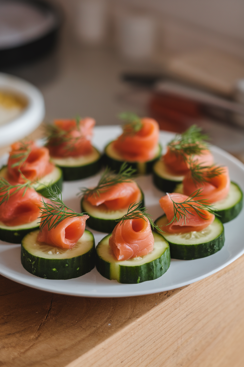 Photo of cucumber rounds topped with smoked salmon and dill on a white plate indoors. No text or logos.