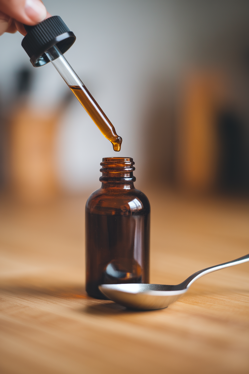 Indoor photo of amber vanilla extract bottle with a dropper releasing a droplet into a teaspoon; soft kitchen light, no text or logos