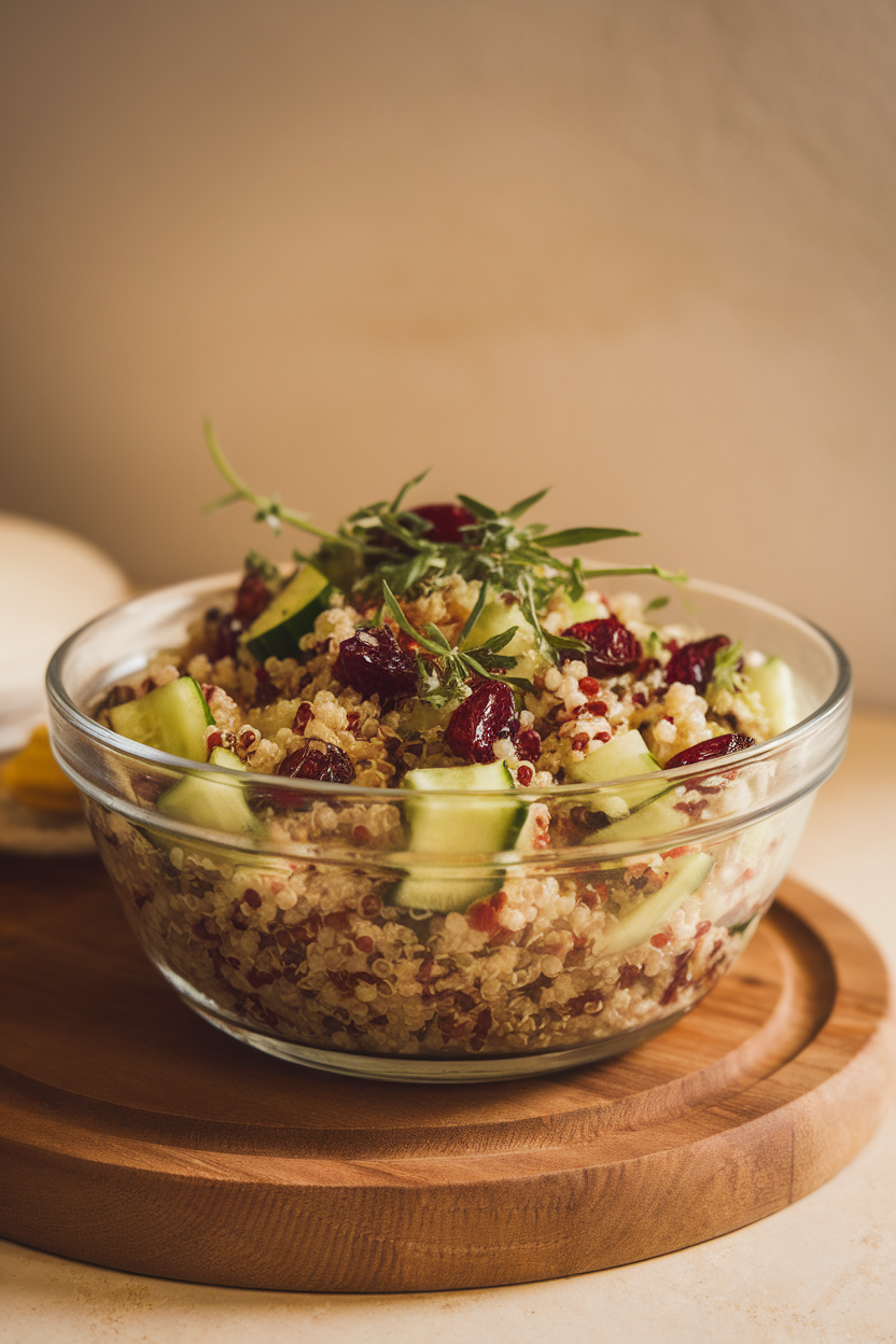 Photo of a vibrant quinoa salad with dried cranberries and diced cucumbers in a glass bowl under indoor lighting. No text or logos.