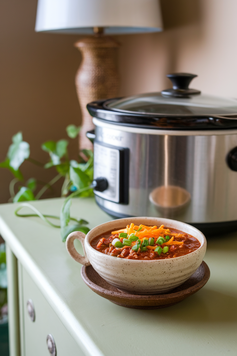 Indoor sideboard featuring a ceramic bowl of chunky beef chili topped with shredded cheddar and chopped green onion, slow cooker in background. No text or logos. Photo only.