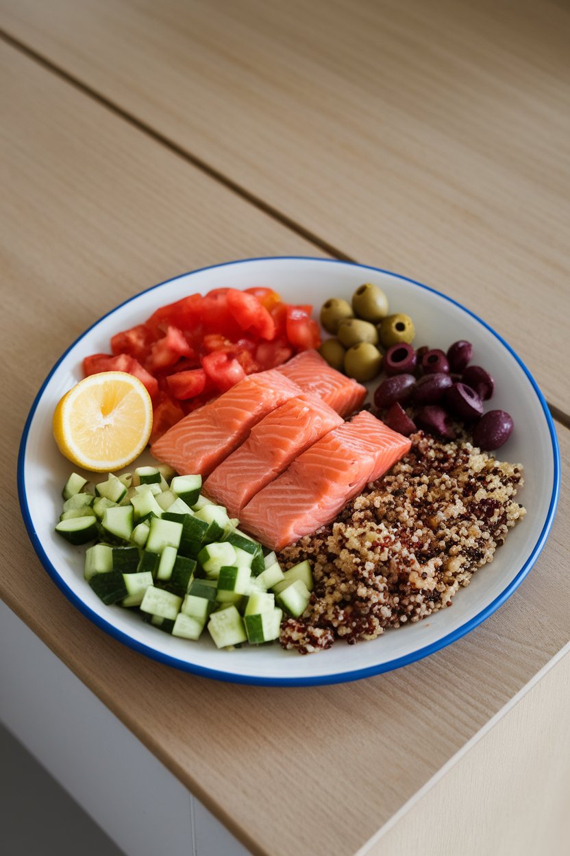An indoor plate loaded with cooked salmon chunks, chopped cucumber, tomato, olives, and quinoa, lemon wedge on side. No logos or text.