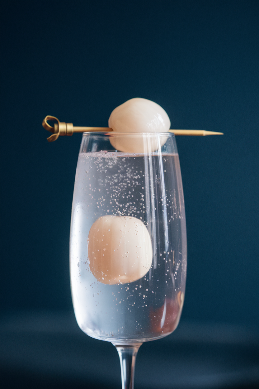 Indoor photo of flute filled with nearly clear lychee mocktail, single lychee fruit skewered inside, tiny bubbles; no text or logos.