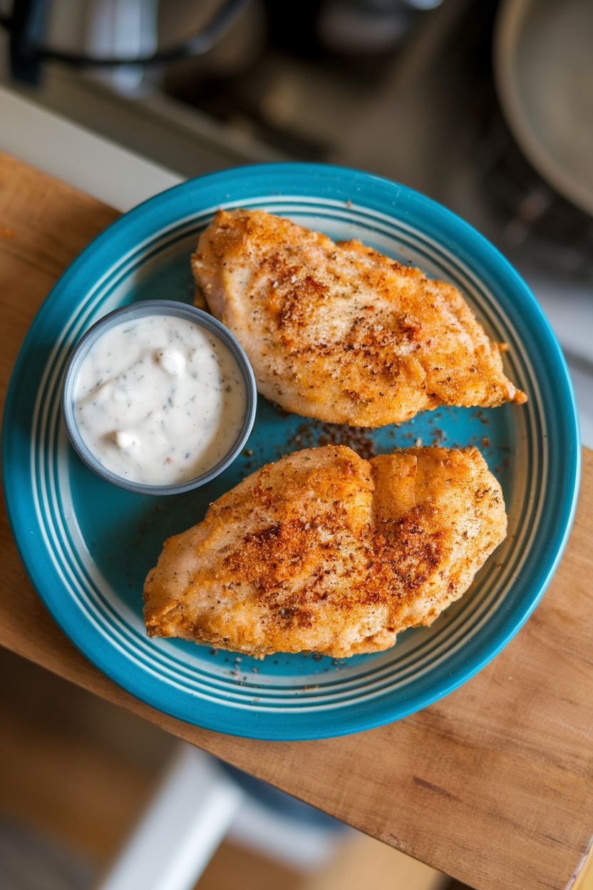 Indoor plate with air-fried chicken breast sprinkled with specks of ranch seasoning, small cup of ranch dip nearby, overhead angle. No text or logos.