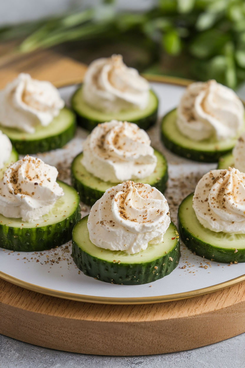 An indoor snack platter of cucumber rounds topped with whipped cream cheese and sprinkled with everything bagel seasoning. No text or logos. Photo only.