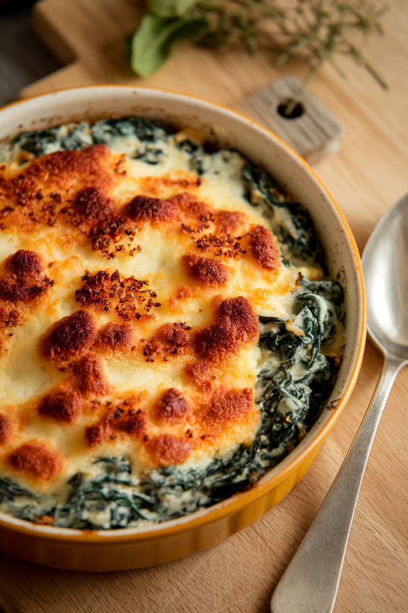 Indoor shot of a shallow gratin dish filled with creamy spinach, browned cheese crust on top, a serving spoon ready. No text or logos.