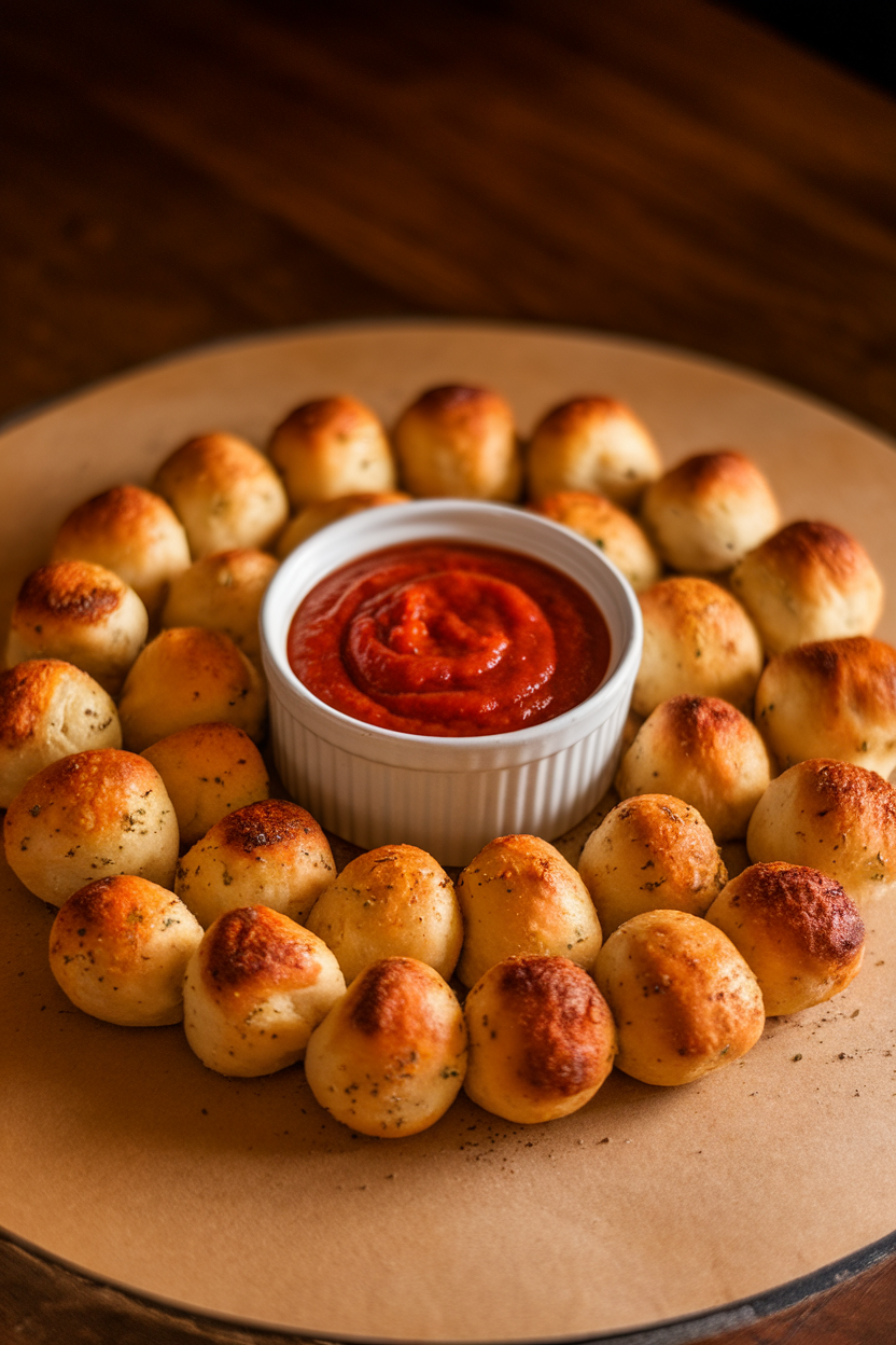 Photo indoors of a round wreath-shaped arrangement of golden garlic knots on a pizza stone, ramekin of marinara in the center. No text or logos shown.