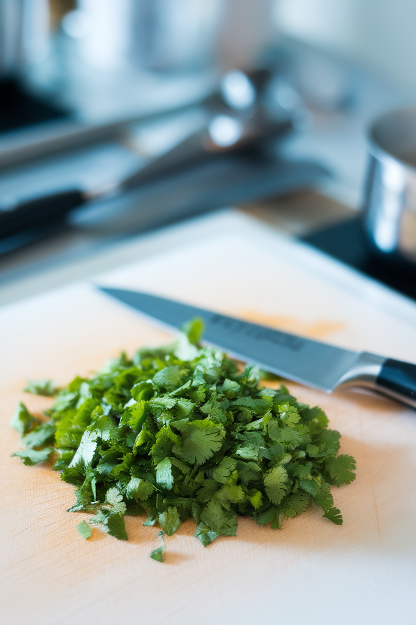 An indoor chopping board scene featuring chopped cilantro leaves next to a sharp knife, no text or logos.