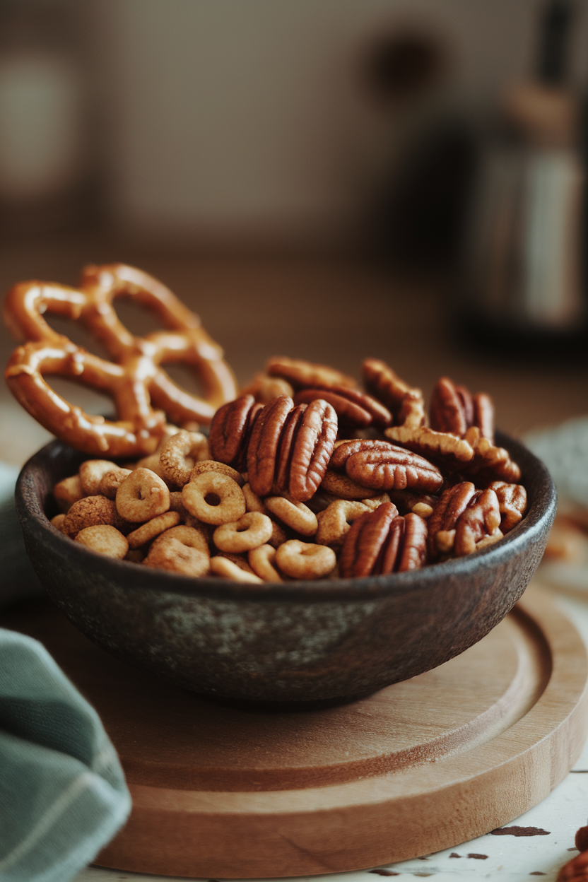 A rustic indoor bowl brimming with cereal, pretzels, and pecans glazed in a shiny maple coating, soft evening light. No text or logos, photo only.