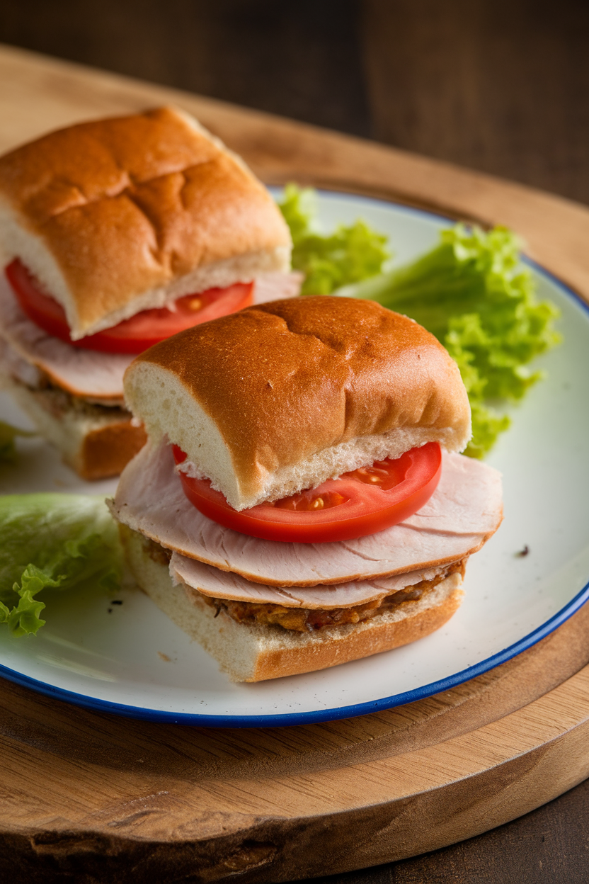 Indoor party plate with two small turkey sliders on whole-wheat slider buns, lettuce and tomato tucked inside. No text or logos.