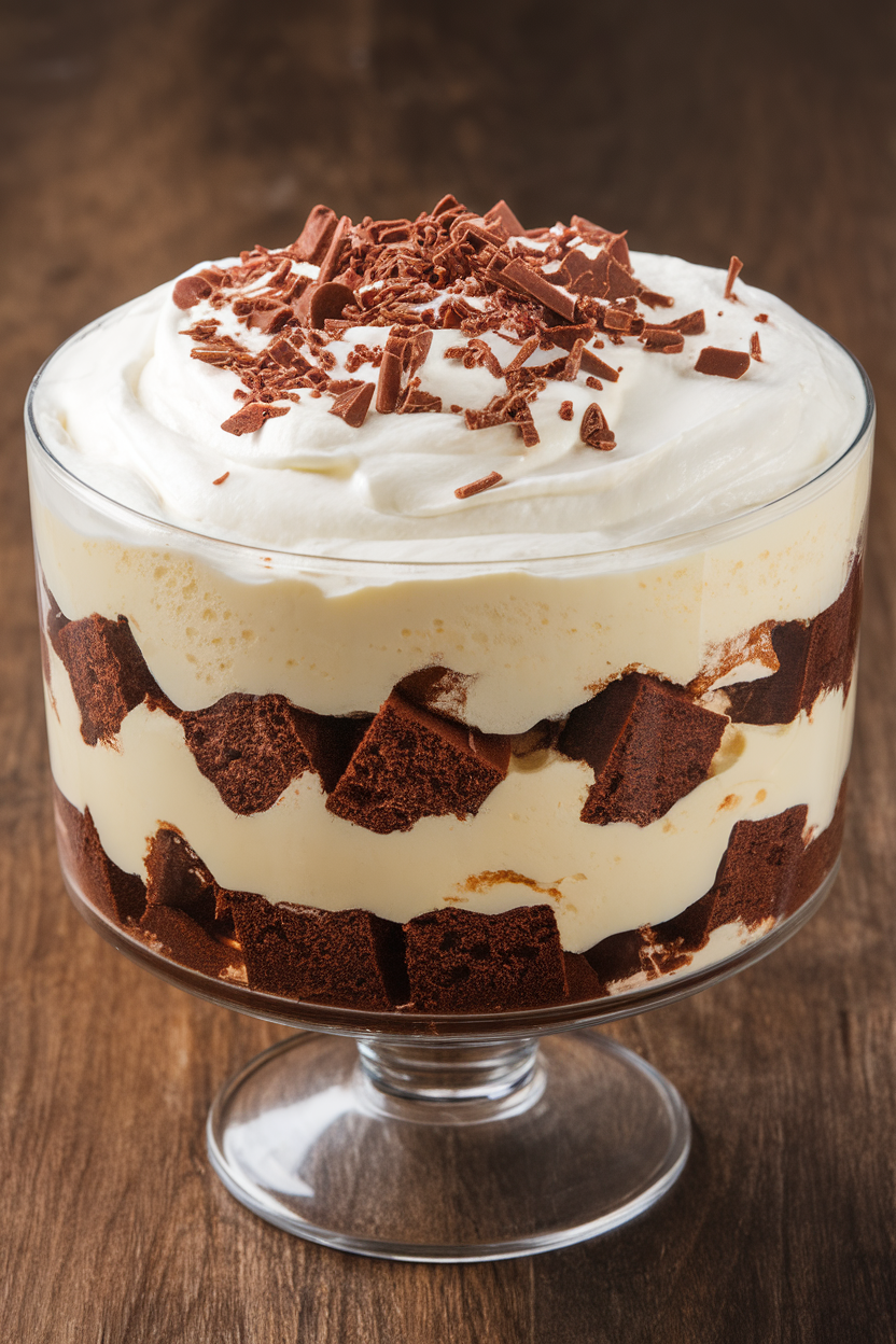 Indoor trifle bowl layered with brownie cubes, Irish cream mousse, and whipped cream, chocolate shavings on top; no logos. Photo, not illustration.