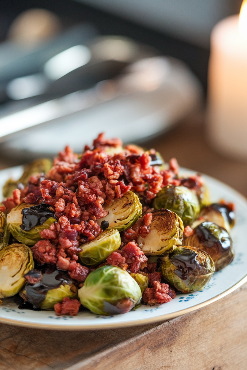 An indoor dining table plate of roasted Brussels sprouts tossed with balsamic reduction and turkey bacon crumbles. Photo, no text or logos.