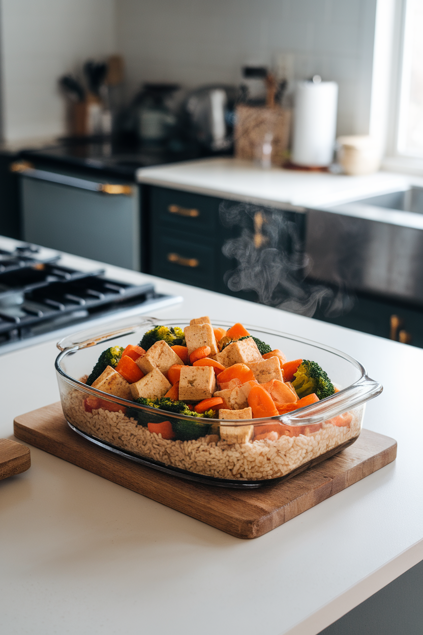 Photo of a modern kitchen island with a glass dish featuring cubed baked tofu, brown rice, broccoli, and carrots glazed in ginger-miso dressing, steam rising. No logos or text.