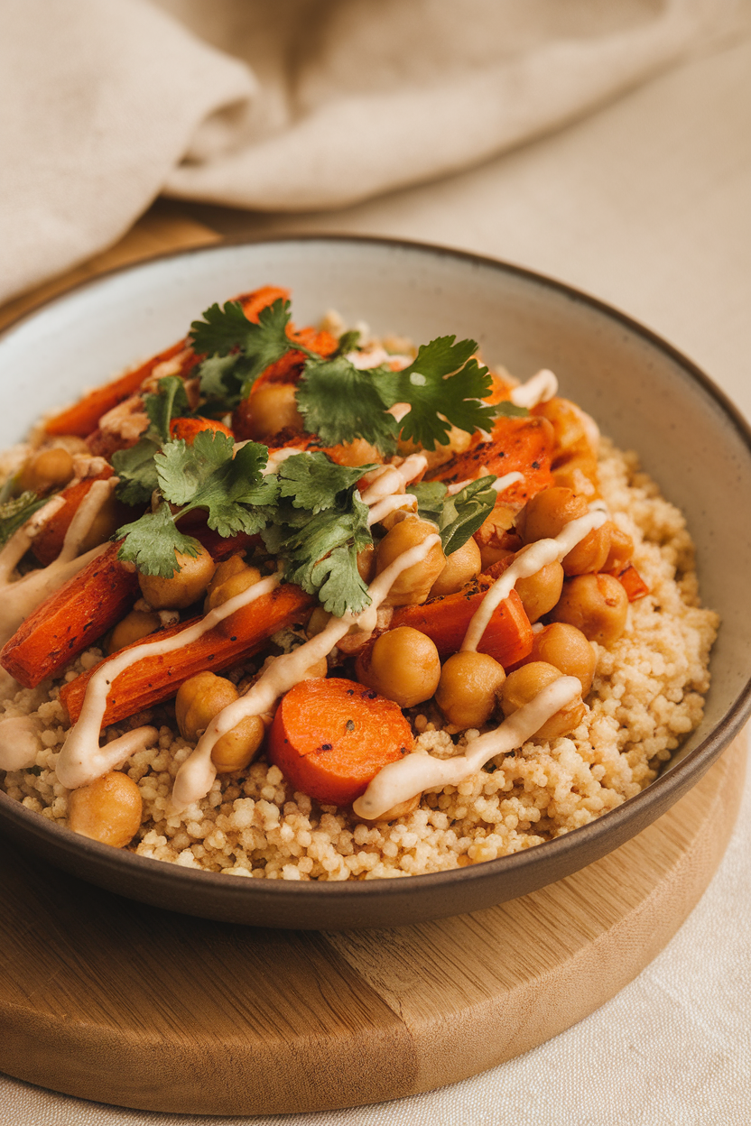 Photo of a bowl featuring harissa-spiced roasted carrots and chickpeas over couscous, indoor light, no text or logos