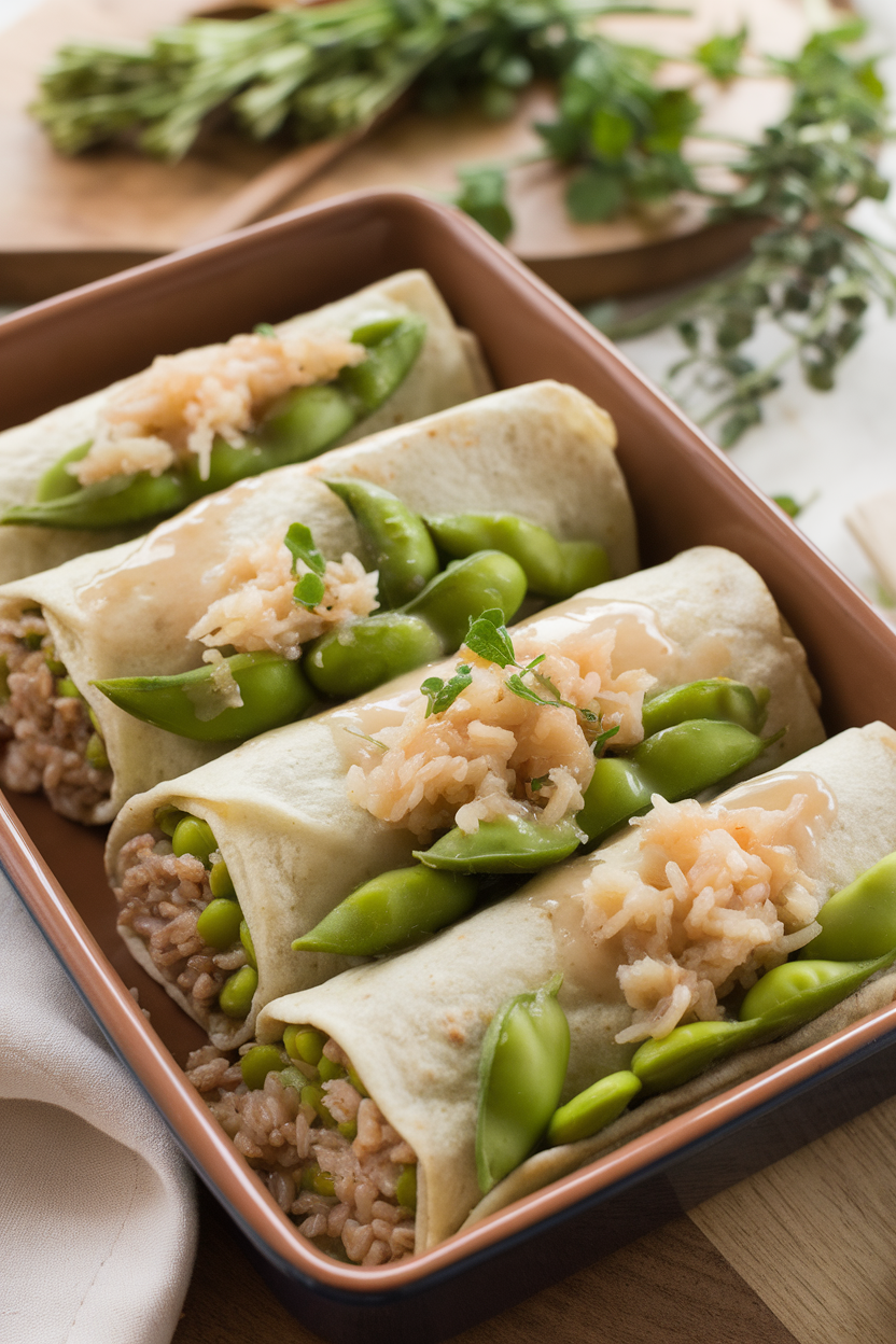 Indoor casserole featuring green edamame and brown rice rolled in tortillas, topped with light miso glaze, no text or logos.