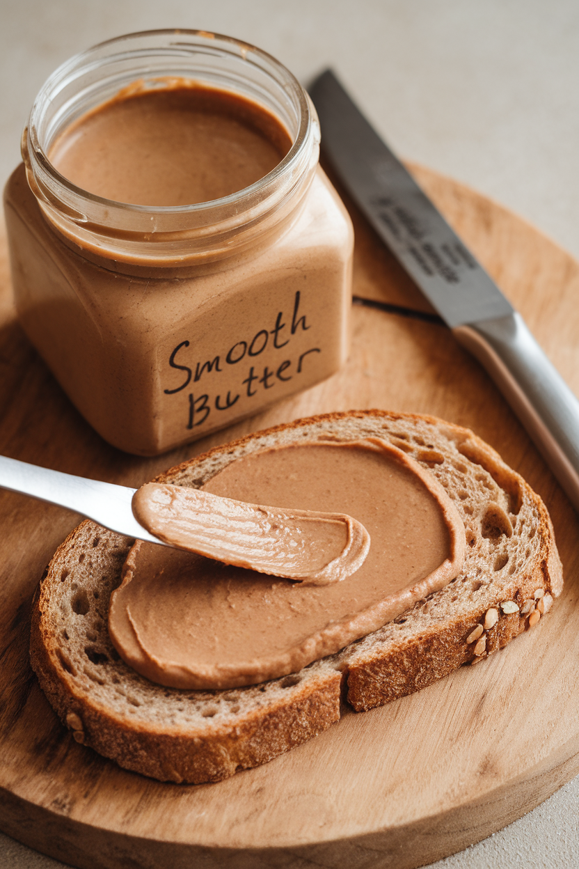 Indoor photo of an open jar of smooth almond butter being spread on whole-grain toast, neutral background, no text or logos