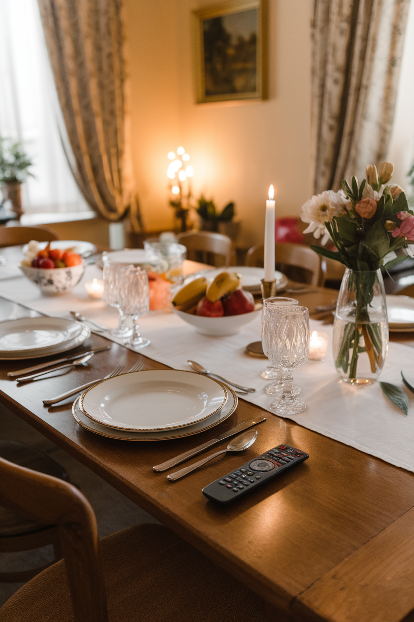 Indoor photo of a remote control placed face down next to a family dinner setup, warm lighting, no text or logos