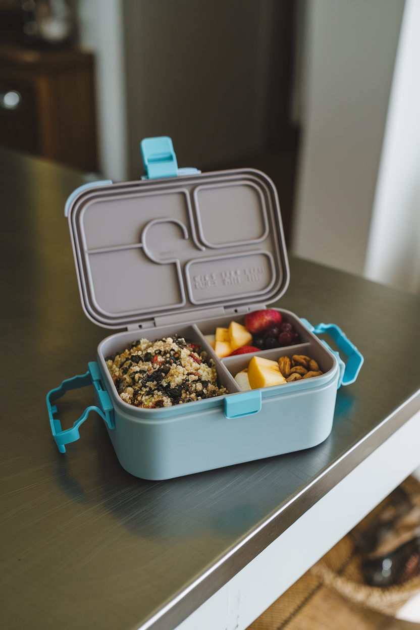 An insulated lunchbox open on a kitchen island, showing a compartmentalized container of quinoa salad, fruit, and nuts, indoors. No text or logos. Photo, not illustration.