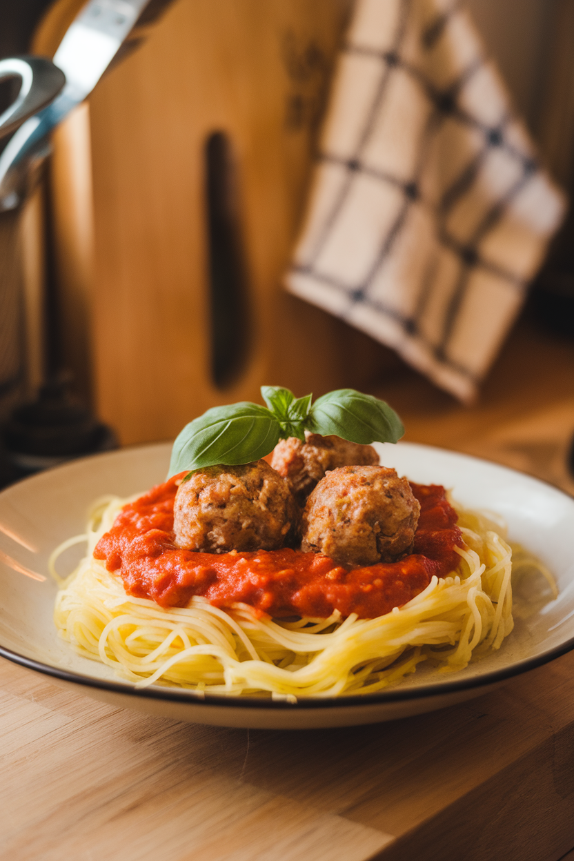Warm indoor kitchen scene with a plate of spaghetti-squash strands topped with turkey meatballs and marinara, basil leaf garnish. No visible logos; photo.