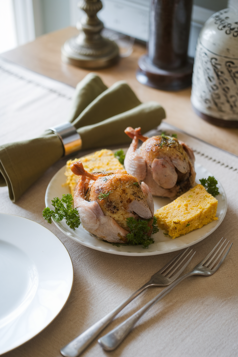 Indoor table featuring two roasted quail stuffed with cornbread, garnished with parsley; no text or logos.