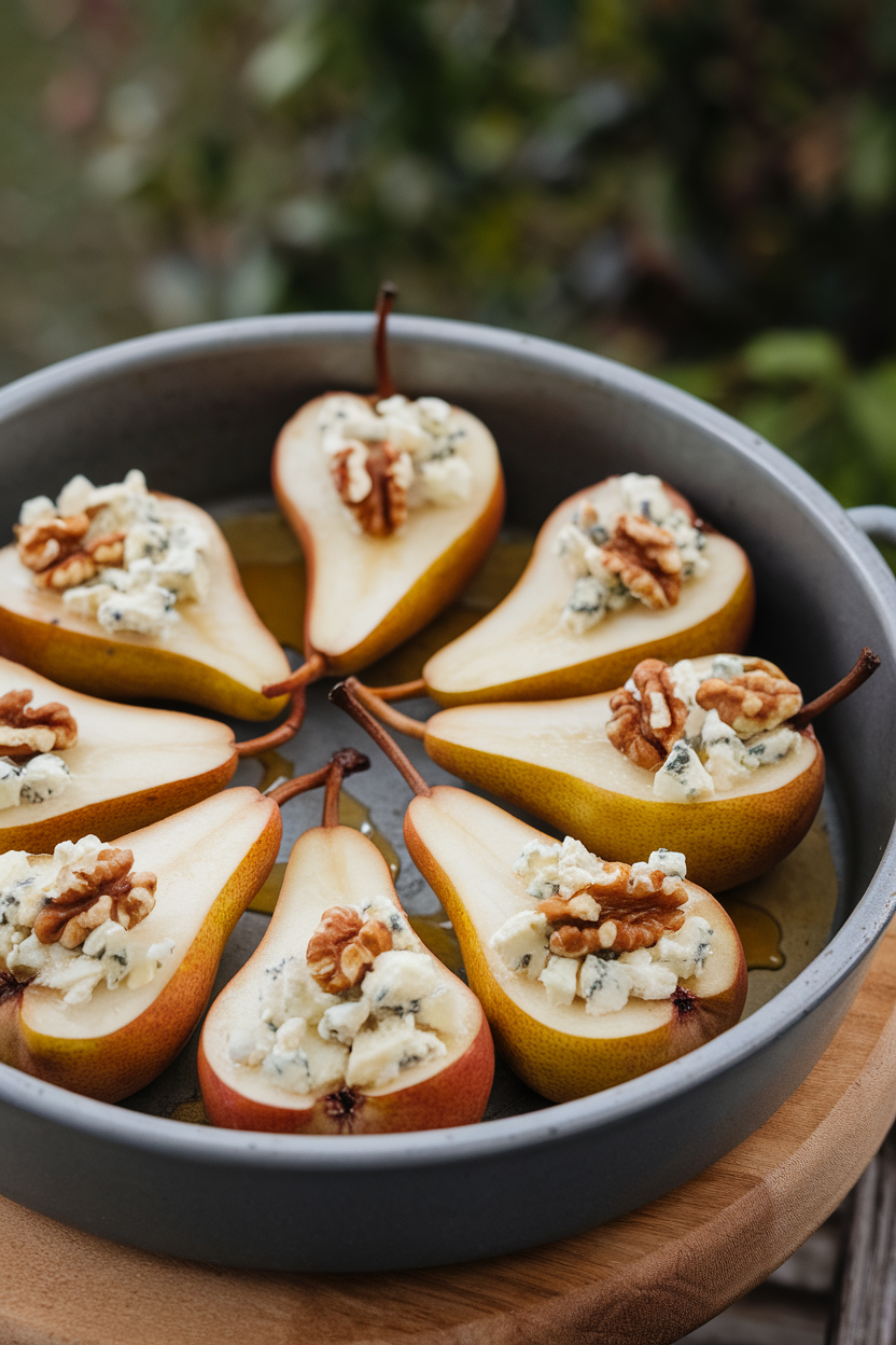 Indoor photo of pear halves filled with crumbled blue cheese and walnuts on a baking dish, honey drizzled lightly. No text or logos.