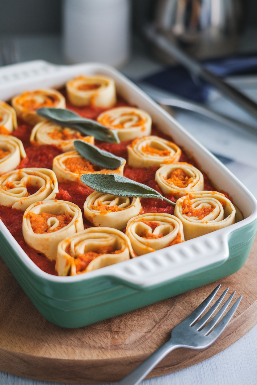 An indoor casserole dish with rolled lasagna noodles stuffed with orange squash filling, topped with tomato sauce and fresh sage leaves. This should be a photo, not an illustration. No text or logos anywhere in the scene.