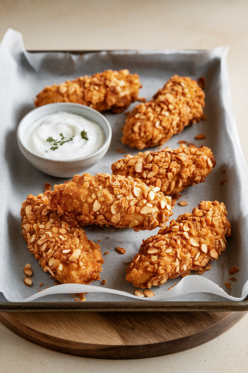 Photo of golden almond-crusted chicken tenders on a parchment-lined tray with a side of yogurt dipping sauce, indoor light, no text or logos
