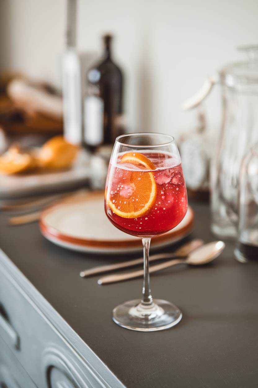 Indoor dining sideboard with stemmed glass of cranberry orange spritz, thin orange wheel submerged, bubbles ascending. Photo, no text or logos.