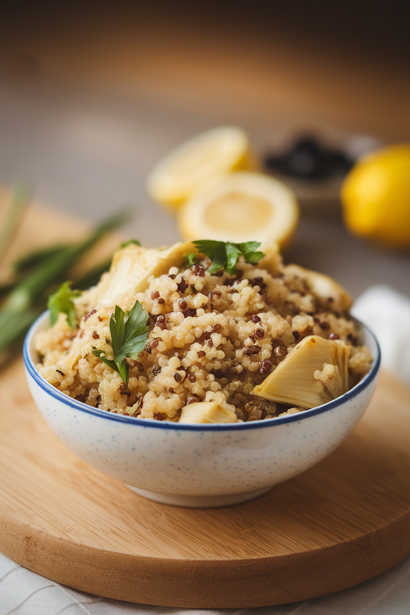Indoor bowl containing quinoa mixed with roasted garlic, artichoke hearts, and parsley. No text or logos present.