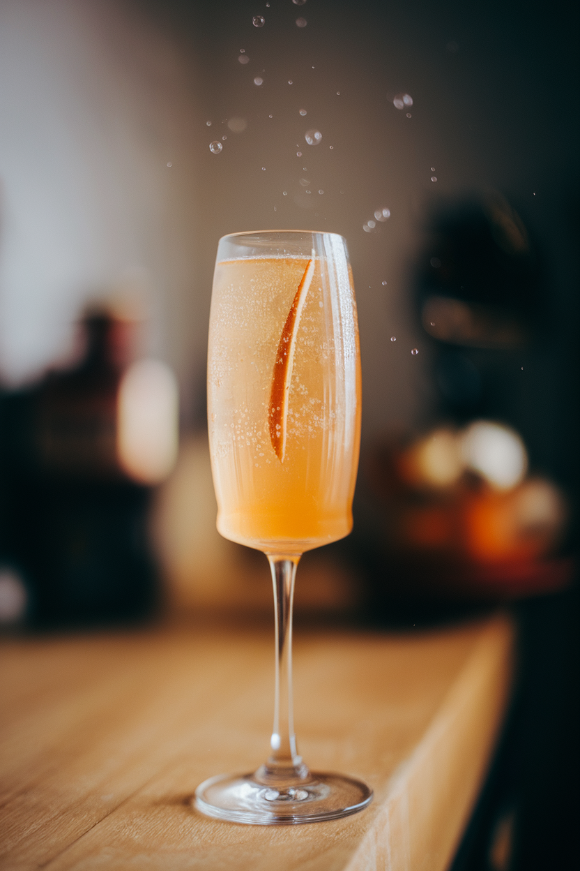 Indoor photo of flute glass with soft orange apricot fizz, thin almond sliver floating, delicate bubbles rising; no text or logos.