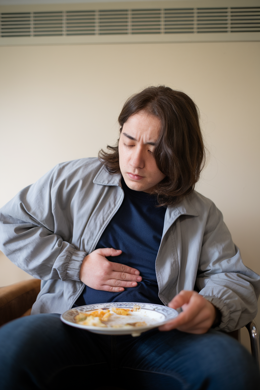 Indoor photo of a person resting hand on stomach while pushing a half-eaten plate away gently; no text or logos.