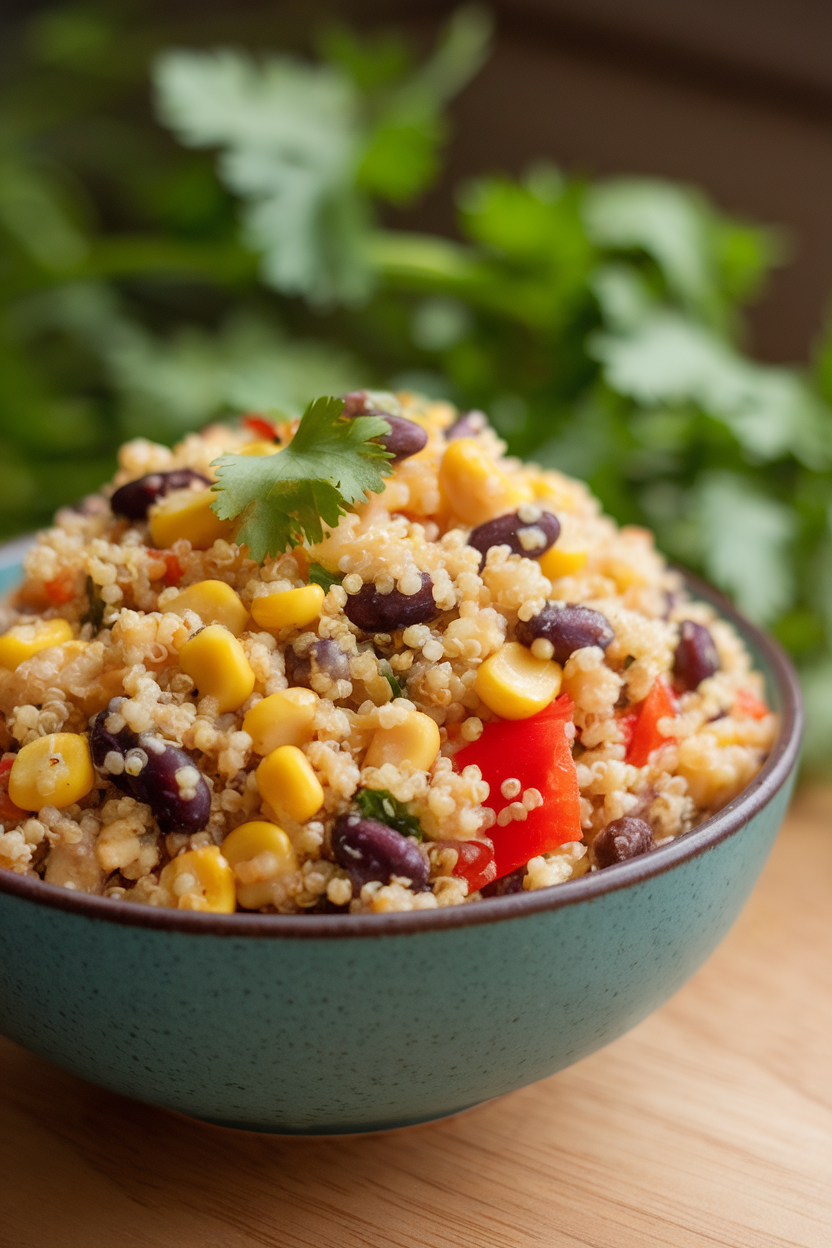 An indoor bowl featuring quinoa mixed with corn, black beans, red bell pepper, and cilantro. Photo, no text or logos.