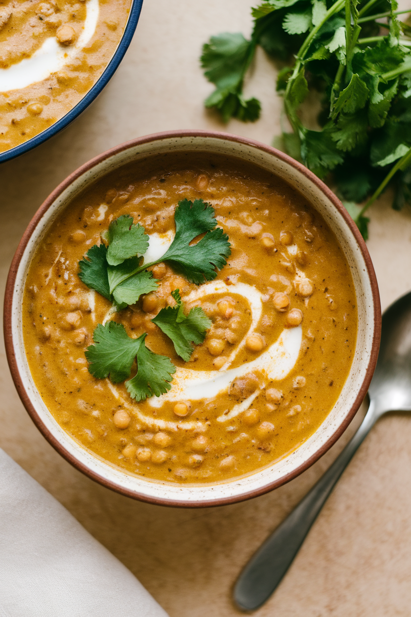 An indoor soup bowl of creamy coconut curry lentil soup garnished with cilantro; spoon resting nearby, no text or logos, photo not illustration.