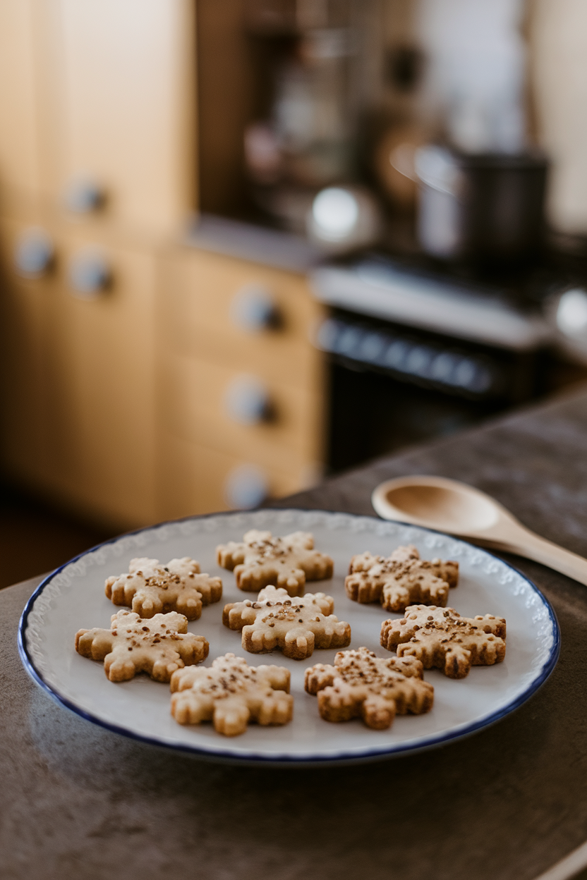 Indoor countertop with snowflake-shaped chocolate chip cookies, sesame seeds sprinkled on top. Photo, no text or logos.