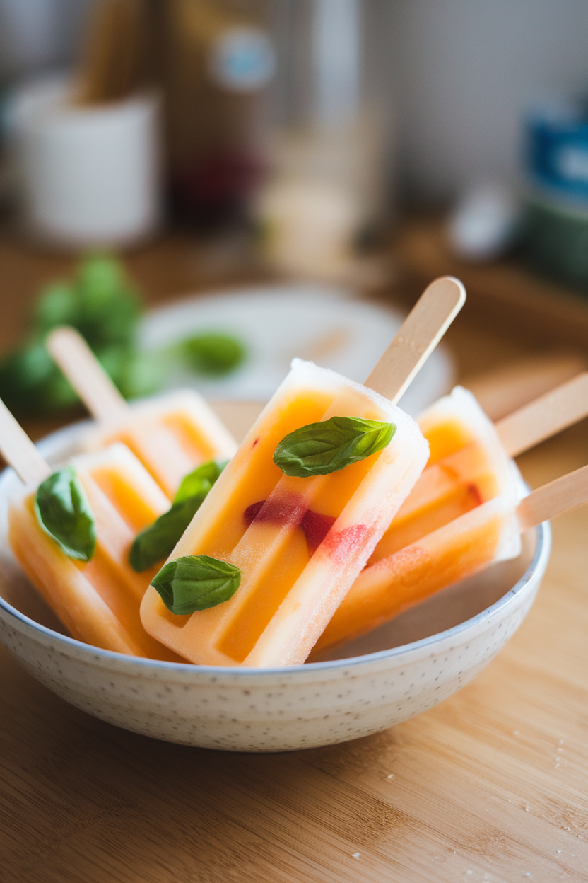 Indoor tabletop with homemade peach ice pops flecked with basil leaves, slight condensation visible. No text or logos. Photo only.