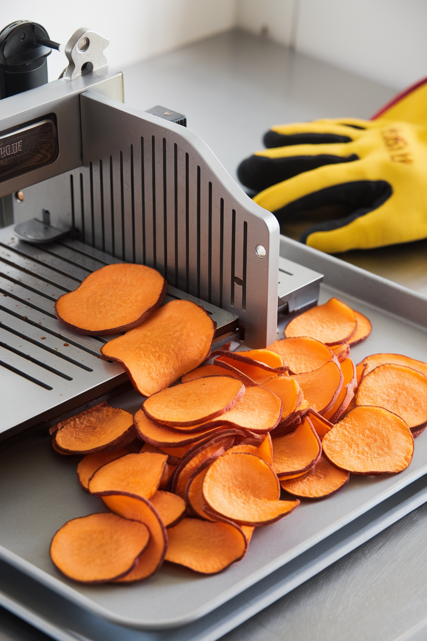 Indoor photo of a mandoline slicing sweet potato chips onto a tray, safety glove nearby, no branding.