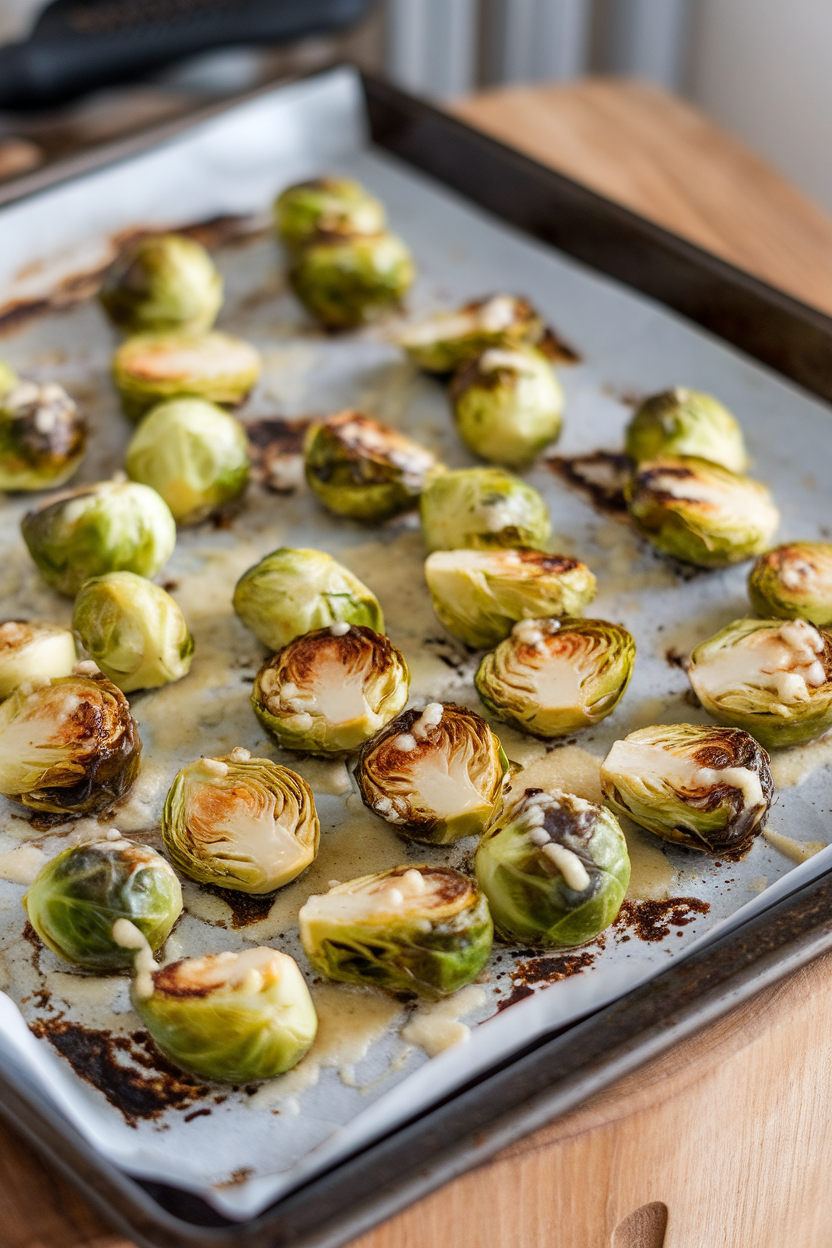 An indoor baking sheet with roasted Brussels sprouts coated in garlic butter and melted Parmesan, edges golden. No text or logos. Photo, not illustration.
