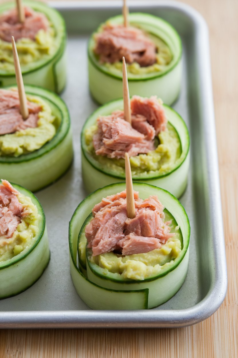 An indoor tray featuring thin cucumber ribbons rolled around mashed avocado and cooked flaked tuna, secured with toothpicks. No logos or text.