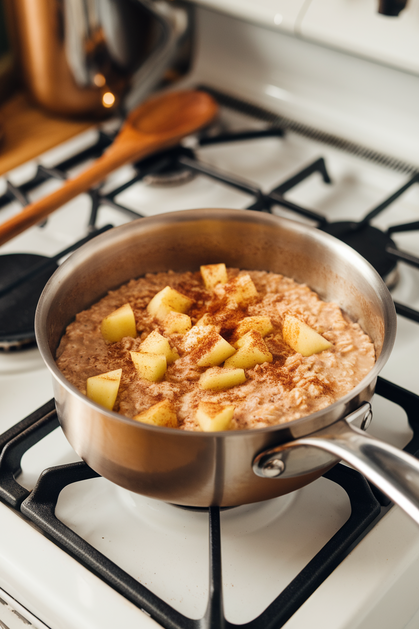 An indoor stovetop scene featuring a saucepan of warm steel-cut oats studded with apple chunks and sprinkled with cinnamon; no visible brand names.