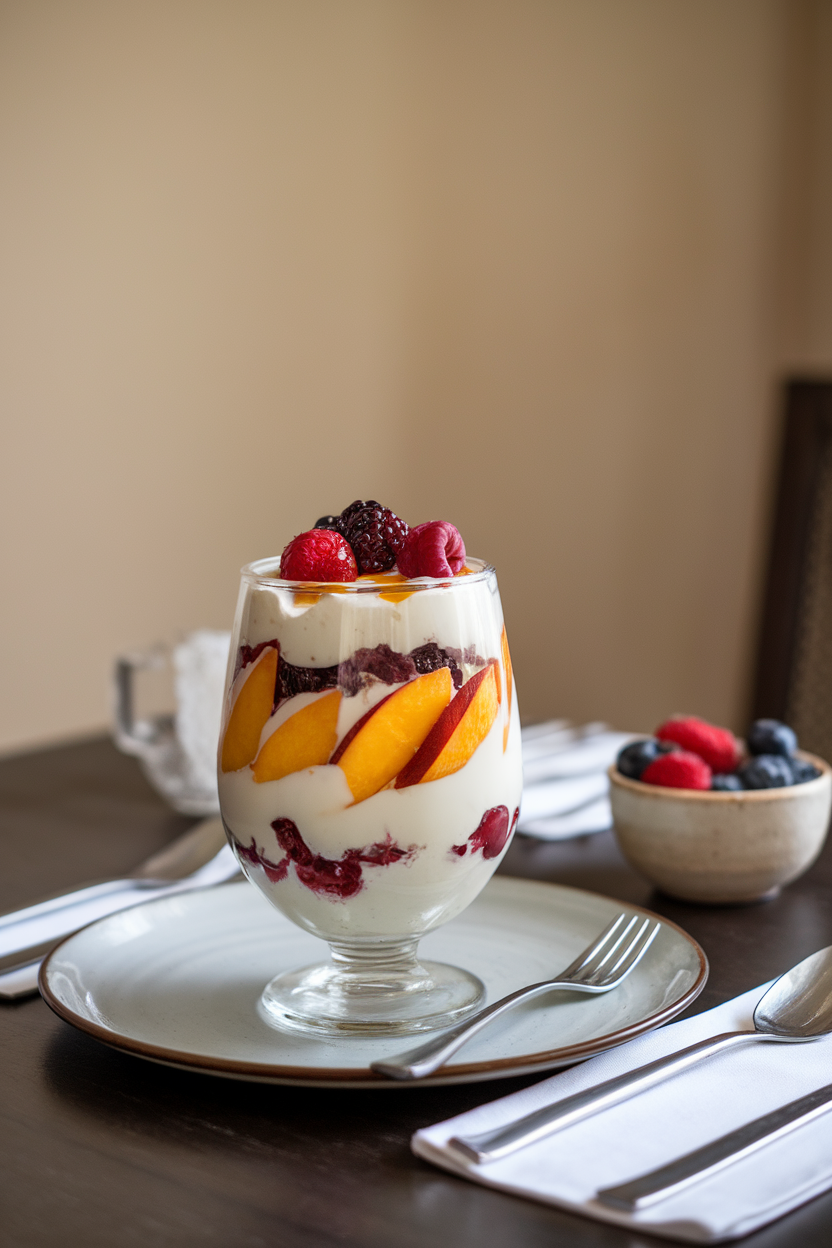 Indoor photo of a glass parfait with layers of sliced peaches, berries, and vanilla yogurt on a dining table, no text or logos