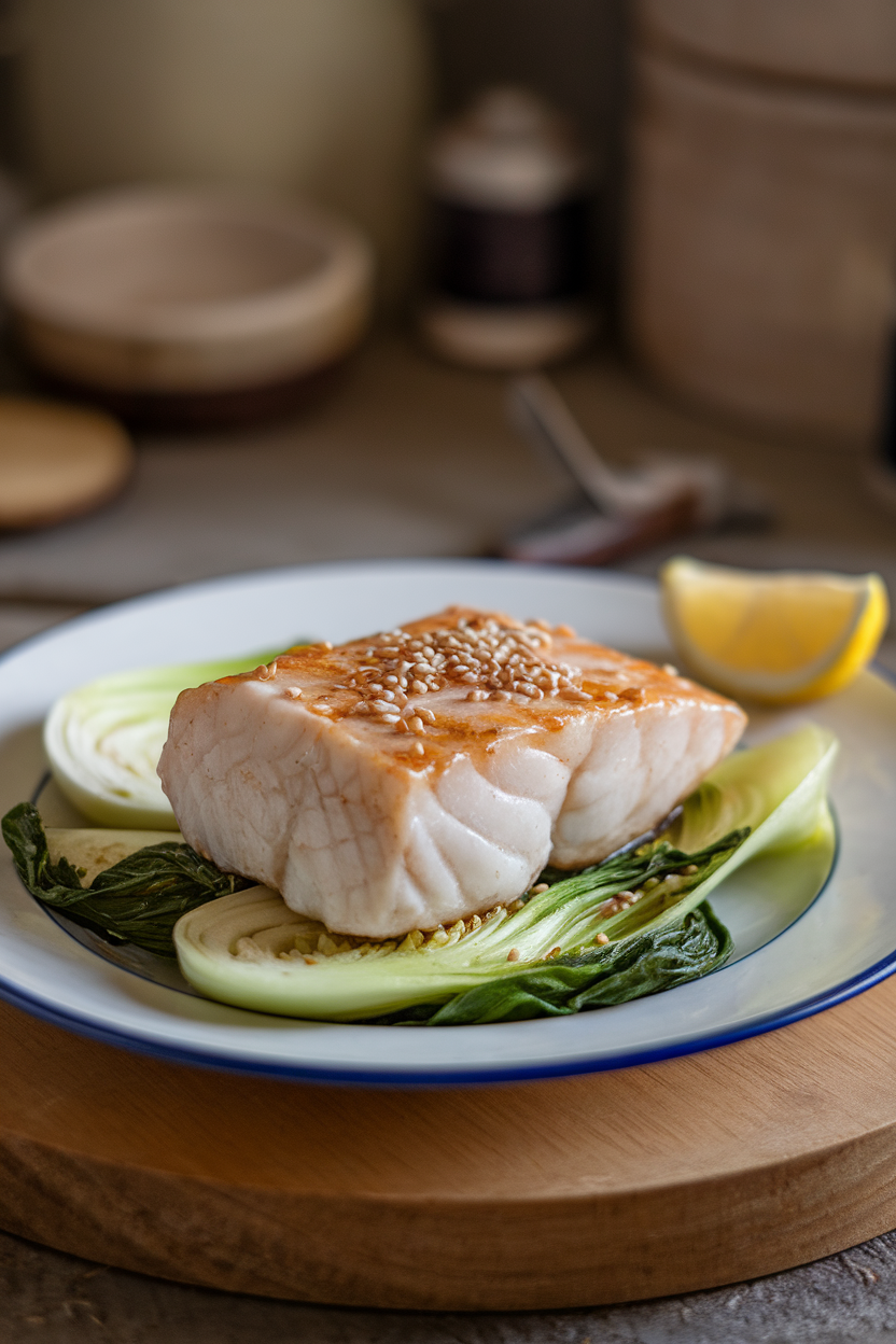 Photo of an indoor dinner plate holding cooked miso-glazed cod fillet, wilted bok choy on the side, sesame seeds sprinkled, no branding evident.