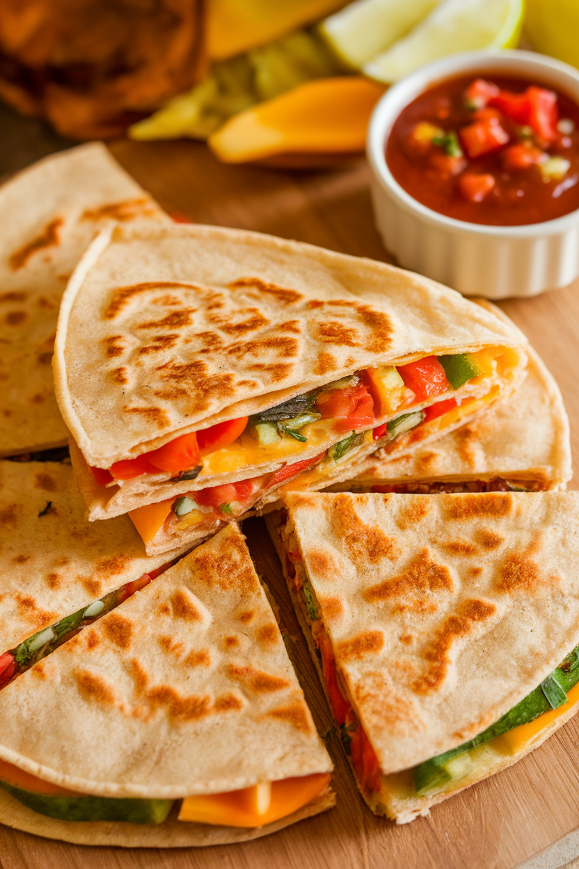 An indoor griddle scene with a golden whole-wheat quesadilla cut into wedges, colorful veggie filling visible, side of salsa; kitchen lighting, no text or logos, photo not illustration.