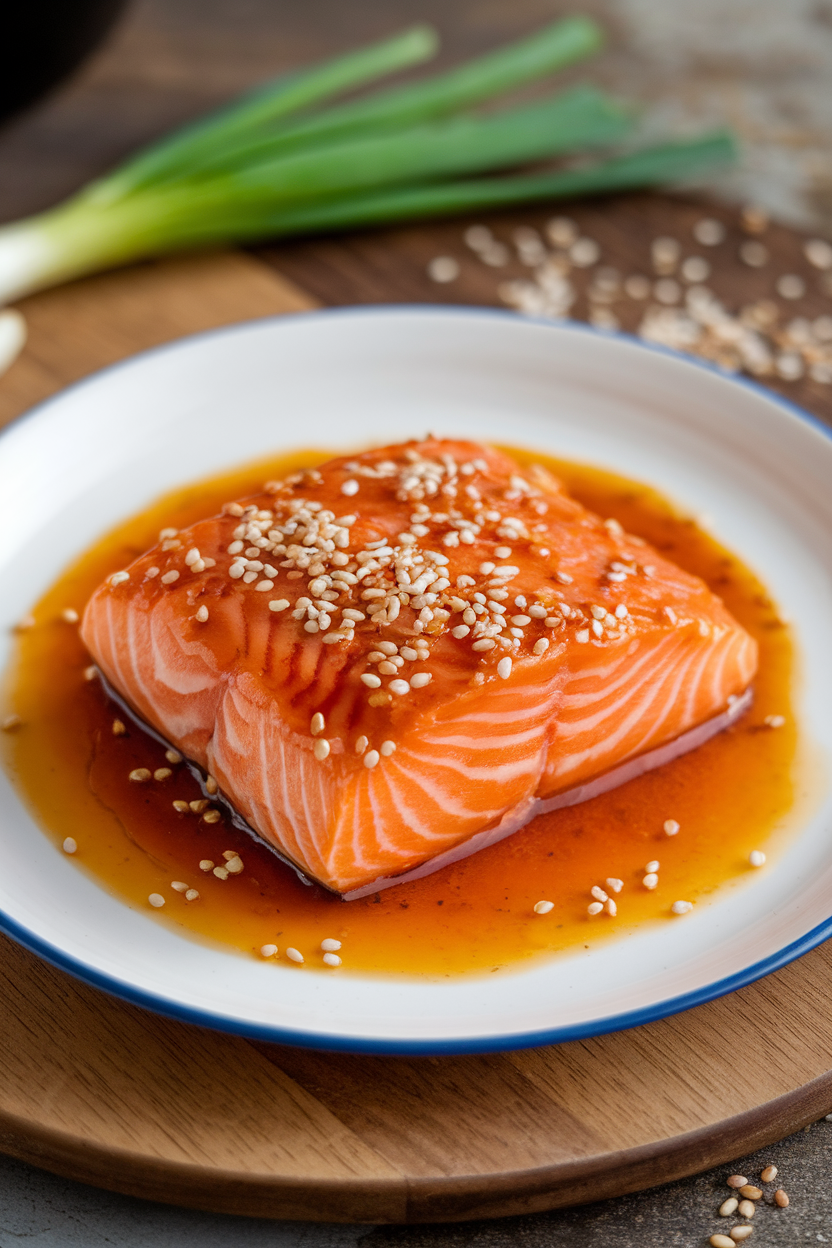 An indoor plate showing salmon fillet glazed in orange-sesame sauce, sprinkled with sesame seeds. No text or logos. Photo only.