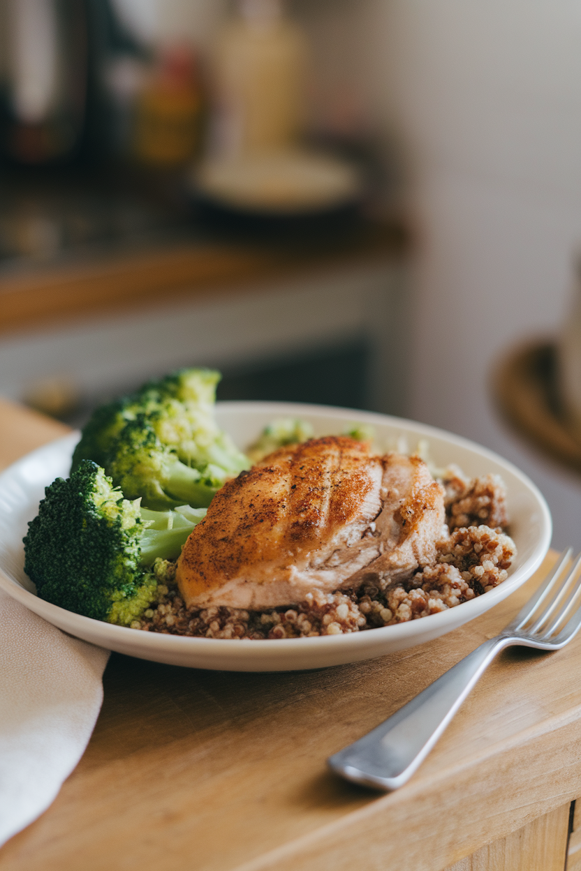 An indoor dining setup with a modest-sized white plate holding a balanced meal of chicken, quinoa, and broccoli, no logos.