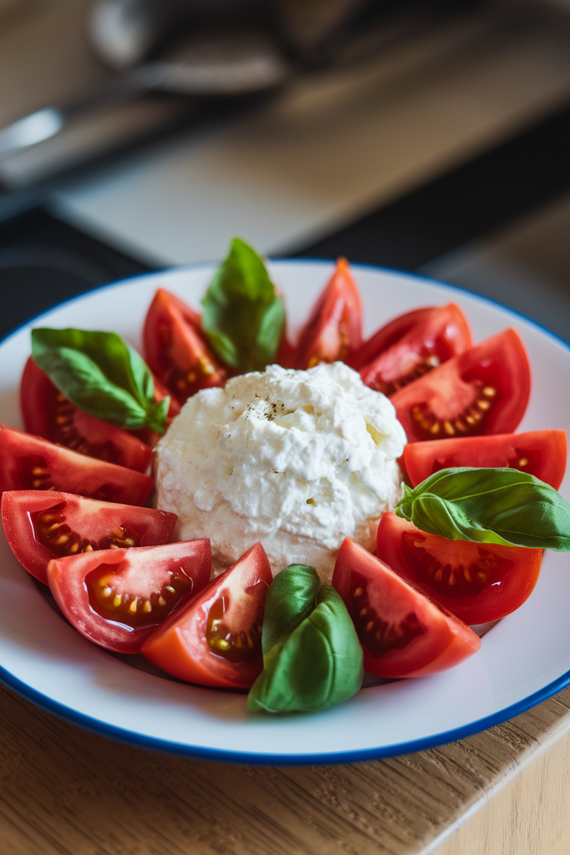 Indoor plate photo of a scoop of cottage cheese surrounded by heirloom tomato wedges and fresh basil, no text or logos.