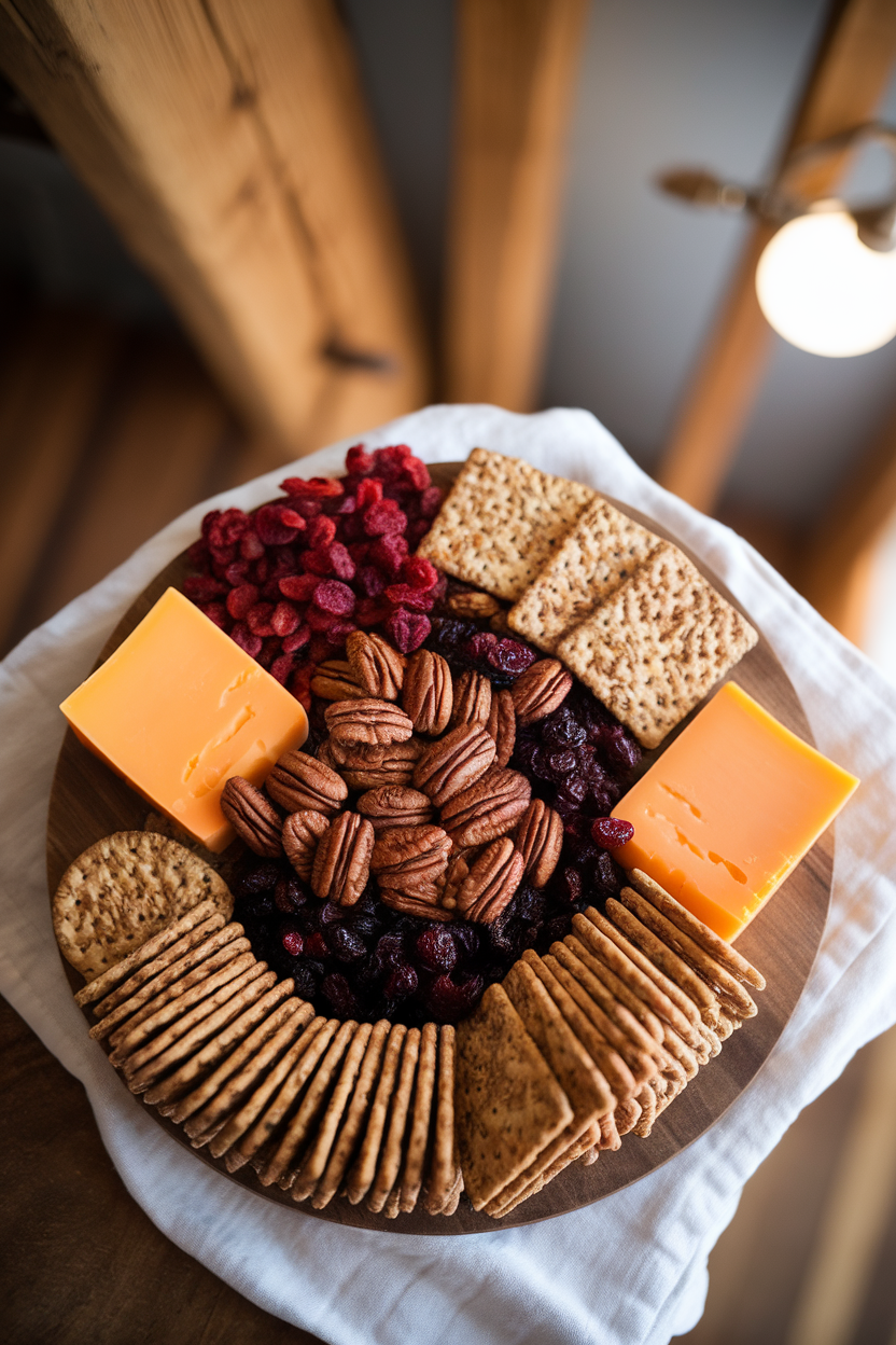 Overhead indoor image of a board covered with maple-chipotle pecans, extra-sharp cheddar blocks, dried cranberries, and multigrain crackers; no logos