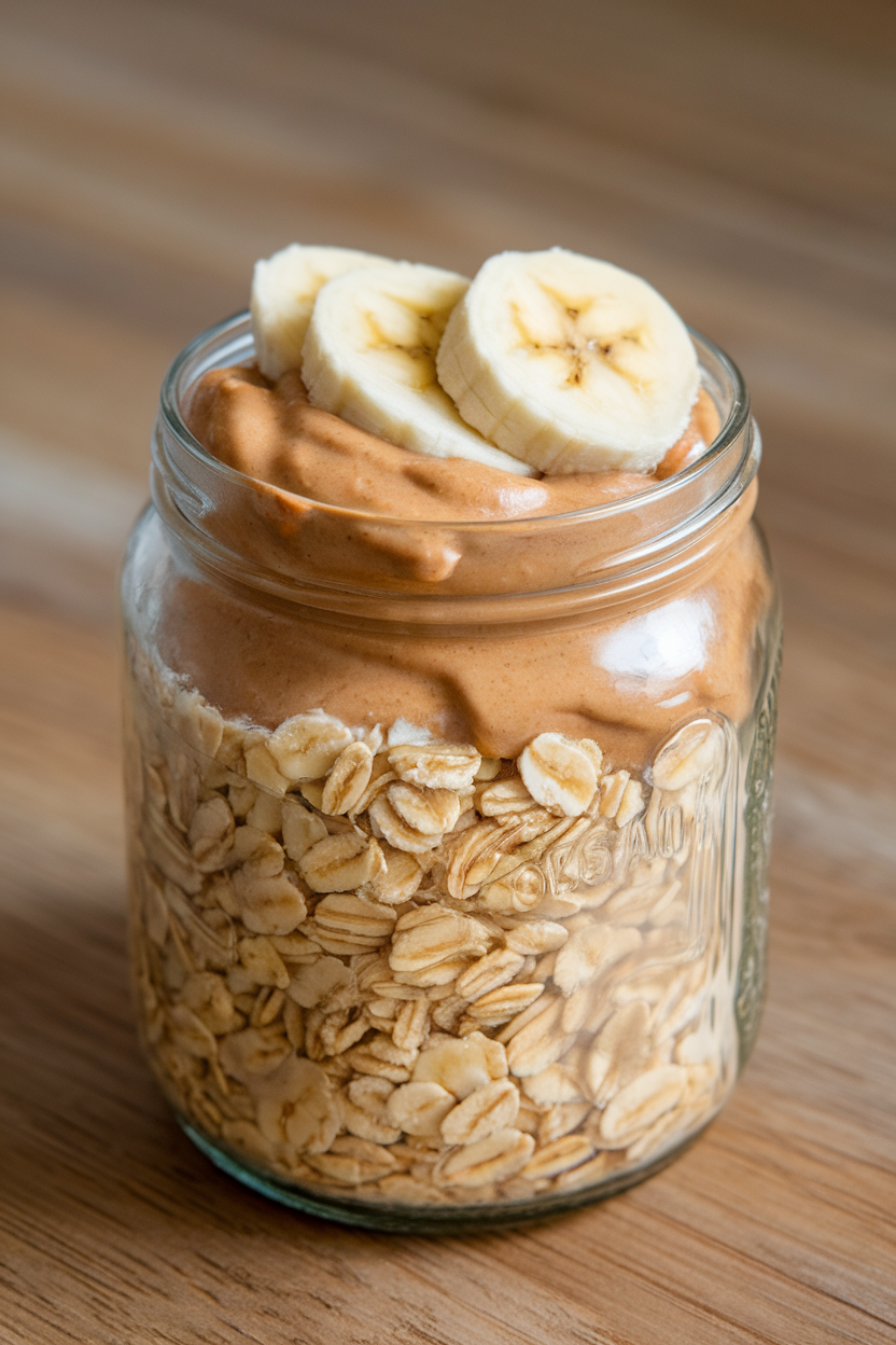 Indoor photo of oats stirred with peanut butter and topped with banana slices in a glass jar. No text or logos.