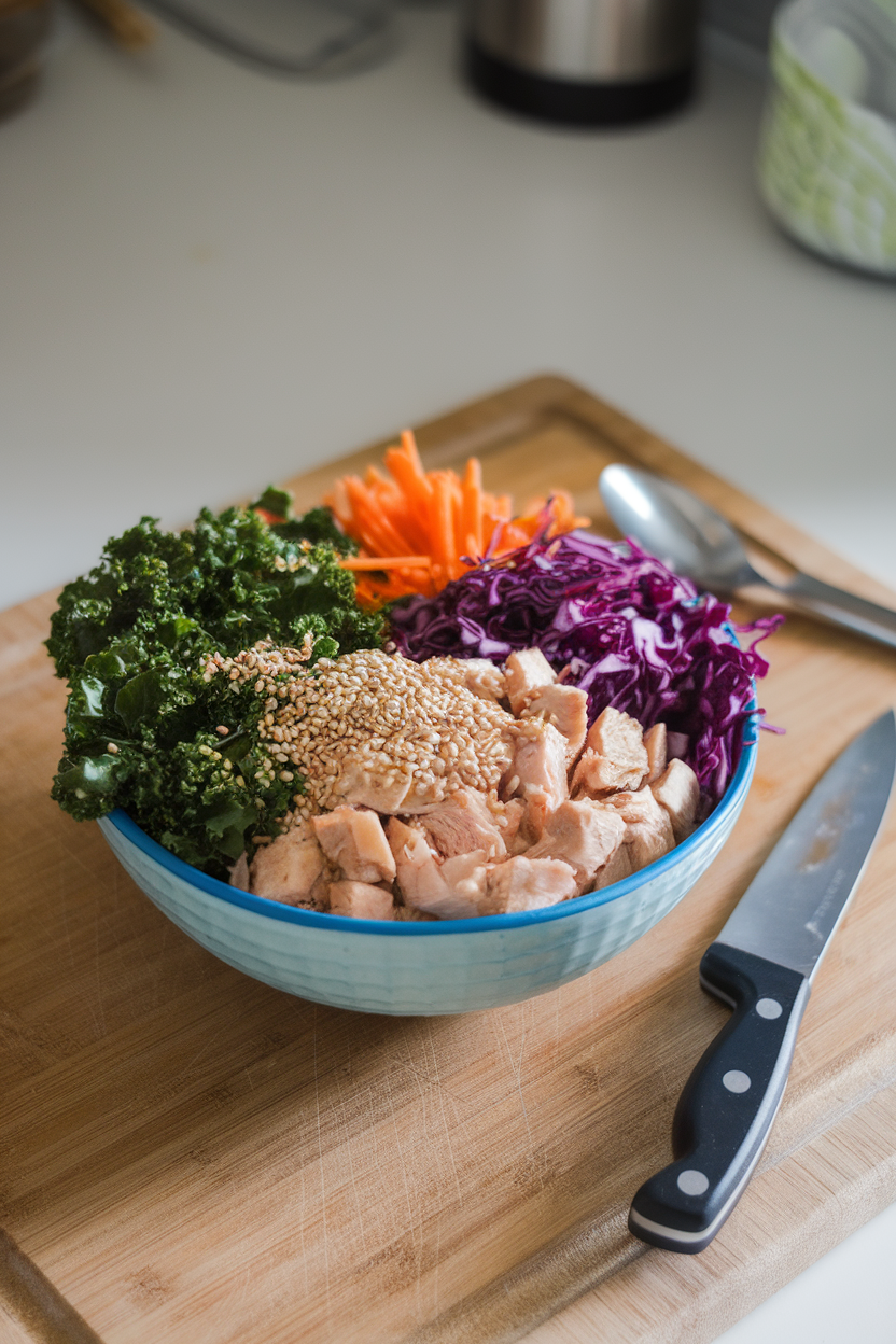 Indoor countertop featuring a bowl of finely chopped kale, purple cabbage, carrots, chicken chunks, and sesame seeds — no logos