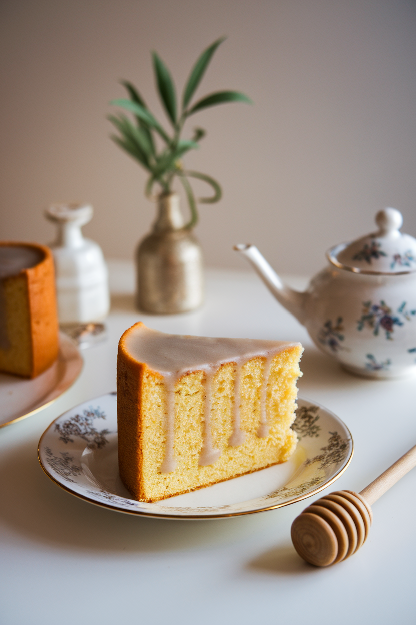 An indoor tearoom table showing a slice of golden butter cake with pale gray tea glaze and a honey dipper beside the plate. No text or logos. Photo, not illustration.