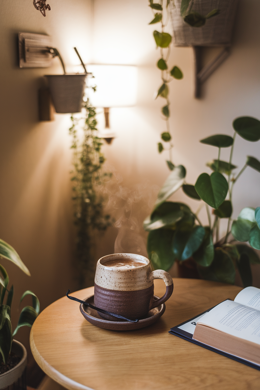 Indoor reading corner with a ceramic mug of steaming chai toddy, vanilla bean pod resting on saucer. No text or logos; photograph, not illustration.